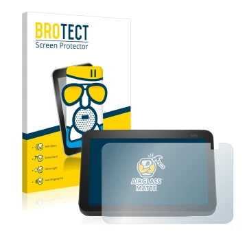 Front side of a product packaging with the brand logo BROTECT. Next to it is the device Amazon Echo Show 8 2021 (2nd Gen.) sho