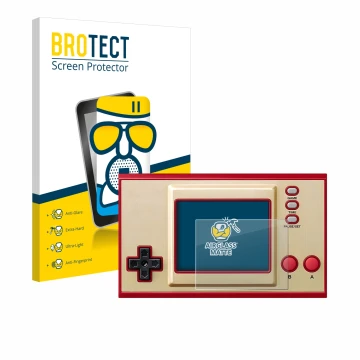 Front side of a product packaging with the brand logo BROTECT. Next to it is the device Nintendo Game & Watch Super Mario Bros
