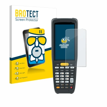 Front side of a product packaging with the brand logo BROTECT. Next to it is the device Zebra MC2200 shown with the correspond