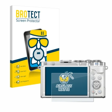 Front side of a product packaging with the brand logo BROTECT. Next to it is the device Olympus PEN E-P7 shown with the corres