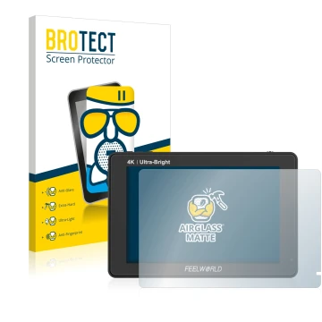 Front side of a product packaging with the brand logo BROTECT. Next to it is the device Feelworld LUT7 7