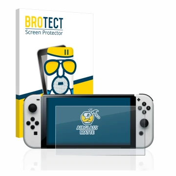 Front side of a product packaging with the brand logo BROTECT. Next to it is the device Nintendo Switch OLED-Modell shown with