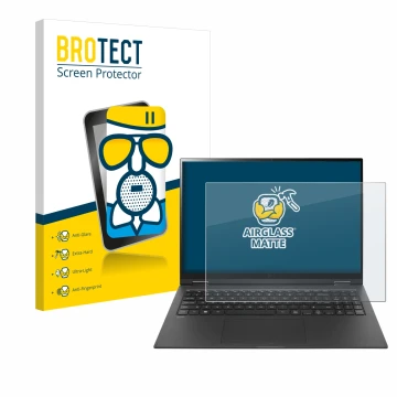 Front side of a product packaging with the brand logo BROTECT. Next to it is the device LG gram 16'' 2-in-1 Touch shown with t