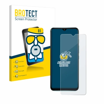 Front side of a product packaging with the brand logo BROTECT. Next to it is the device Wiko Power U30 shown with the correspo