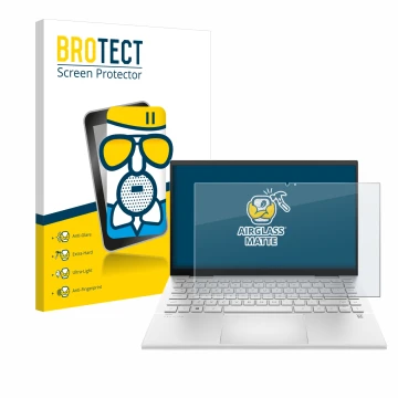 Front side of a product packaging with the brand logo BROTECT. Next to it is the device HP Pavilion x360 (14-dyX) shown with t