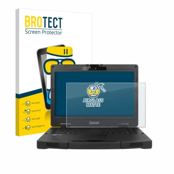 Front side of a product packaging with the brand logo BROTECT. Next to it is the device Getac S410 shown with the correspondin