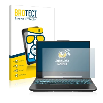 Front side of a product packaging with the brand logo BROTECT. Next to it is the device ASUS TUF Gaming A15 shown with the cor