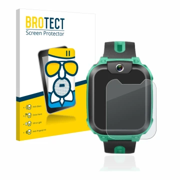 Front side of a product packaging with the brand logo BROTECT. Next to it is the device Imoo Watch Phone Z1 shown with the cor