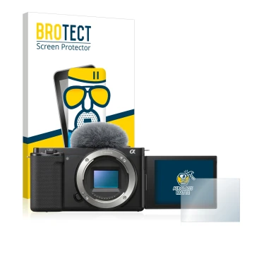 Front side of a product packaging with the brand logo BROTECT. Next to it is the device Sony Alpha ZV-E10 shown with the corre