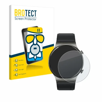 Front side of a product packaging with the brand logo BROTECT. Next to it is the device Huawei Watch GT 2 Pro ECG shown with t