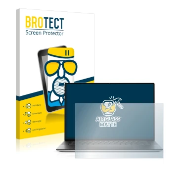 Front side of a product packaging with the brand logo BROTECT. Next to it is the device Dell XPS 15 9510 Non-Touch shown with 