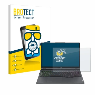 Front side of a product packaging with the brand logo BROTECT. Next to it is the device Lenovo Legion 5 Pro shown with the cor