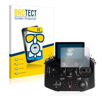 Front side of a product packaging with the brand logo BROTECT. Next to it is the device FrSky Tandem X20 shown with the corres