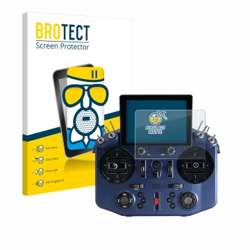 Front side of a product packaging with the brand logo BROTECT. Next to it is the device FrSky Tandem X20S shown with the corre