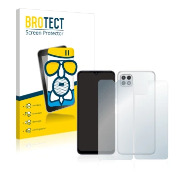 Front side of a product packaging with the brand logo BROTECT. Next to it is the device Samsung Galaxy A22 5G (Front+Back) sho