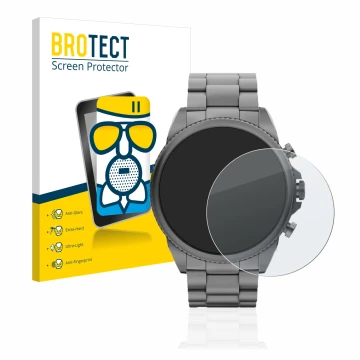 Front side of a product packaging with the brand logo BROTECT. Next to it is the device Fossil Gen 6 (44mm) shown with the cor