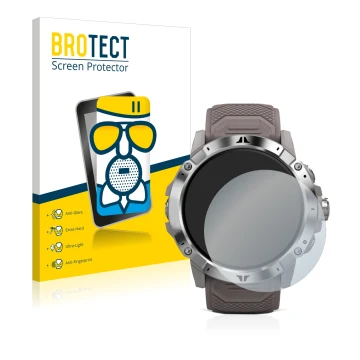 Front side of a product packaging with the brand logo BROTECT. Next to it is the device Coros Vertix 2 shown with the correspo