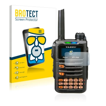 Front side of a product packaging with the brand logo BROTECT. Next to it is the device Yaesu FT-70DR shown with the correspon