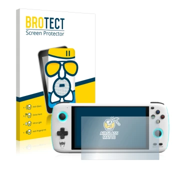 Front side of a product packaging with the brand logo BROTECT. Next to it is the device AYN Odin shown with the corresponding 