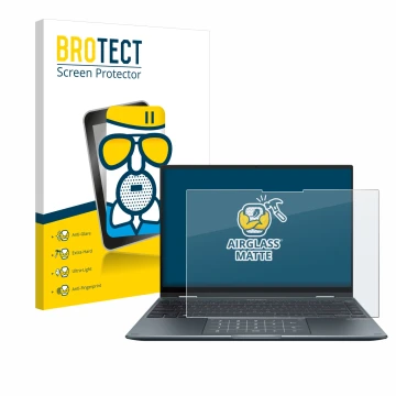 Front side of a product packaging with the brand logo BROTECT. Next to it is the device ASUS ZenBook 14 Flip OLED shown with t