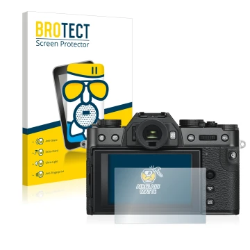Front side of a product packaging with the brand logo BROTECT. Next to it is the device Fujifilm X-T30 ll shown with the corre