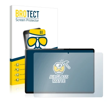 Front side of a product packaging with the brand logo BROTECT. Next to it is the device Lenovo Tab P12 Pro shown with the corr