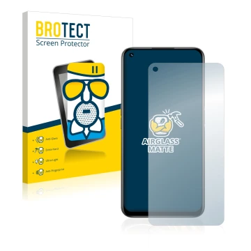 Front side of a product packaging with the brand logo BROTECT. Next to it is the device realme 8i shown with the corresponding