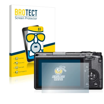 Front side of a product packaging with the brand logo BROTECT. Next to it is the device Ricoh GR IIIx shown with the correspon