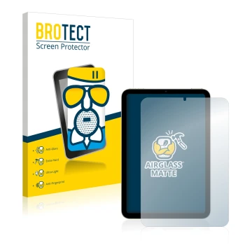 Front side of a product packaging with the brand logo BROTECT. Next to it is the device Apple iPad Mini 6 2021 shown with the 