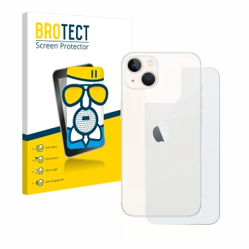 Front side of a product packaging with the brand logo BROTECT. Next to it is the device Apple iPhone 13 (Back) shown with the 