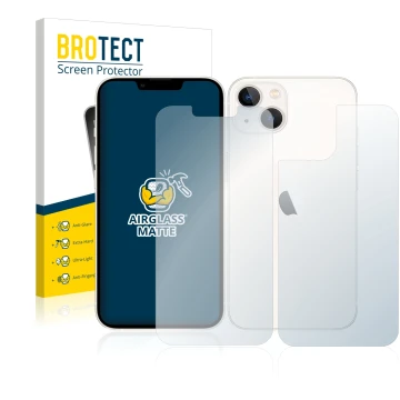 Front side of a product packaging with the brand logo BROTECT. Next to it is the device Apple iPhone 13 (Front+Back) shown wit