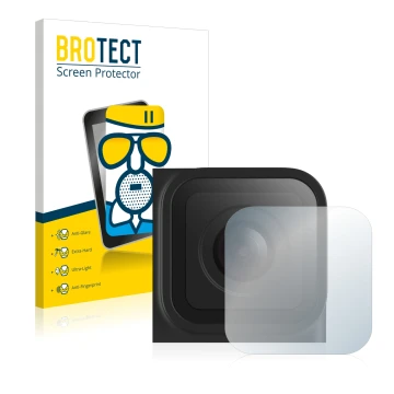 Front side of a product packaging with the brand logo BROTECT. Next to it is the device GoPro Hero 10 Black Lens (housing) sho