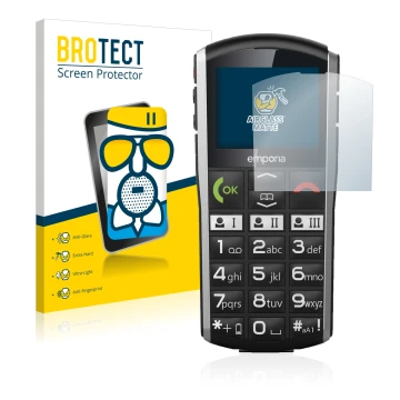 Front side of a product packaging with the brand logo BROTECT. Next to it is the device Emporia Simplicity shown with the corr