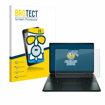 Front side of a product packaging with the brand logo BROTECT. Next to it is the device HP Spectre x360 16