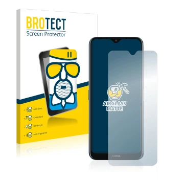 Front side of a product packaging with the brand logo BROTECT. Next to it is the device Nokia G50 shown with the corresponding