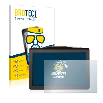 Front side of a product packaging with the brand logo BROTECT. Next to it is the device Signotec Pen Display Delta (Touch) sho