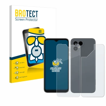 Front side of a product packaging with the brand logo BROTECT. Next to it is the device Fairphone 4 (Front+Back) shown with th
