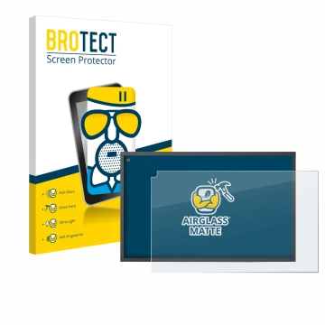 Front side of a product packaging with the brand logo BROTECT. Next to it is the device Amazon Echo Show 15 shown with the cor