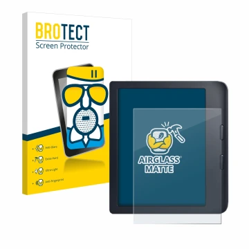 Front side of a product packaging with the brand logo BROTECT. Next to it is the device Kobo Libra 2 shown with the correspond