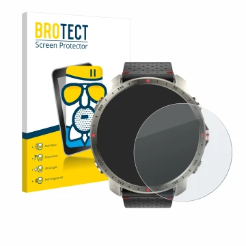 Front side of a product packaging with the brand logo BROTECT. Next to it is the device Polar Grit X Pro Titan shown with the 