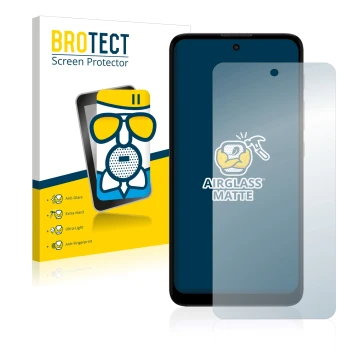 Front side of a product packaging with the brand logo BROTECT. Next to it is the device Motorola Moto E40 shown with the corre