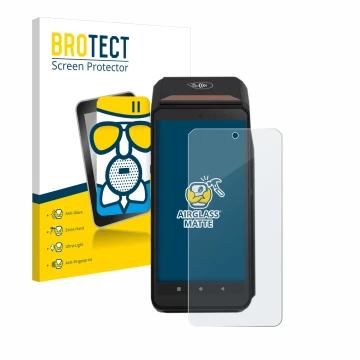 Front side of a product packaging with the brand logo BROTECT. Next to it is the device ingenico Axium DX8000 shown with the c