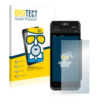 Front side of a product packaging with the brand logo BROTECT. Next to it is the device ingenico Apos A8 shown with the corres