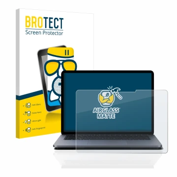 Front side of a product packaging with the brand logo BROTECT. Next to it is the device Microsoft Surface Laptop Studio shown 