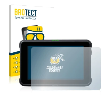 Front side of a product packaging with the brand logo BROTECT. Next to it is the device Atomos Shinobi 7 shown with the corres