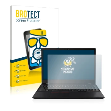 Front side of a product packaging with the brand logo BROTECT. Next to it is the device Lenovo ThinkPad T15 Gen 2 shown with t