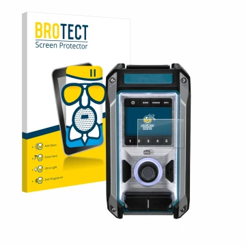 Front side of a product packaging with the brand logo BROTECT. Next to it is the device Makita DMR115 shown with the correspon