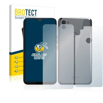 Front side of a product packaging with the brand logo BROTECT. Next to it is the device Gigaset GS5 (Front+Back) shown with th