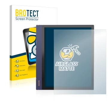 Front side of a product packaging with the brand logo BROTECT. Next to it is the device Boox Note Air 2 shown with the corresp
