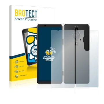Front side of a product packaging with the brand logo BROTECT. Next to it is the device Sony Xperia Pro-I (Front+Back) shown w